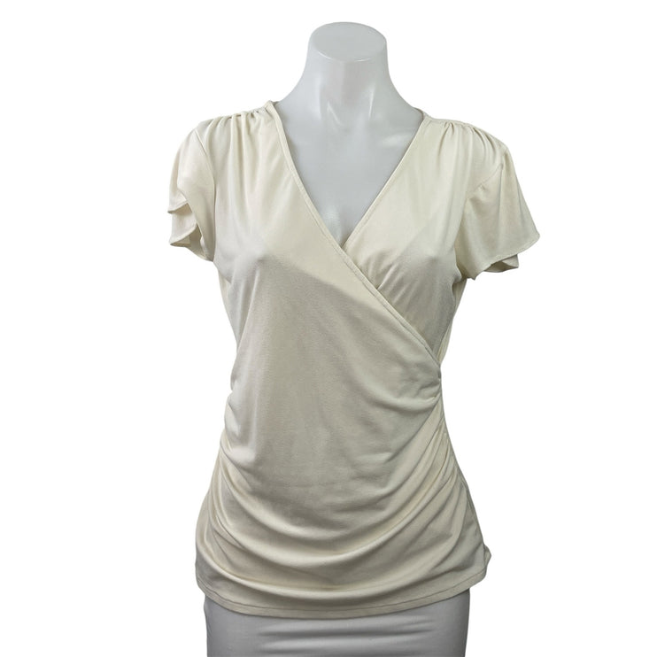 Banana Republic Women's Cream Short Sleeve Stretch V-neck Wrap Blouse Top Size S