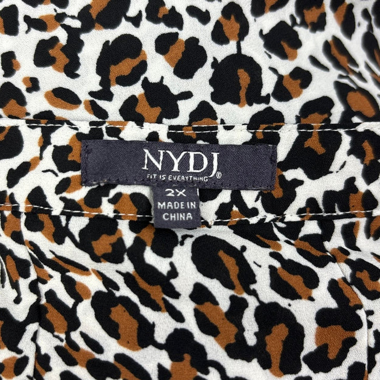 NYDJ Black Brown Leopard Print Henley Pleat Back 3/4 Sleeve Tunic Blouse Size 2X