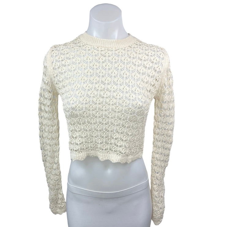 ASTR Cream Crochet Knitted High Neck Long Sleeve Pullover Crop Sweater Top XS