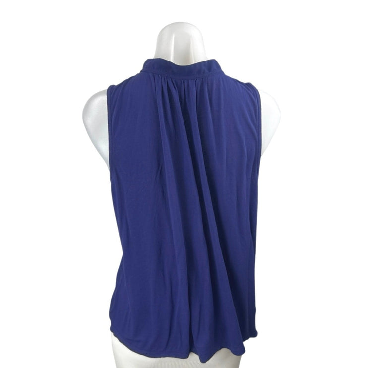 Loft Shirred Mixed Media Shell Womens Blue Sleeveless Tie Neck Tank Blouse Top M