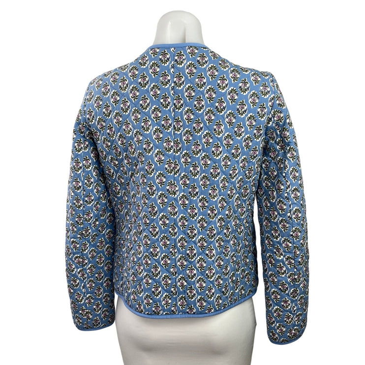 J.Crew Blue Floral Block-print Quilted Button Down Long Sleeve Coat Jacket Sz 4