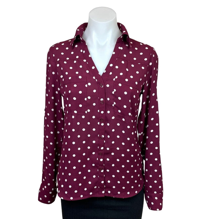 Express Womens Red Polka Dots Slim Fit V Neck Long Sleeve Button Up Shirt XS