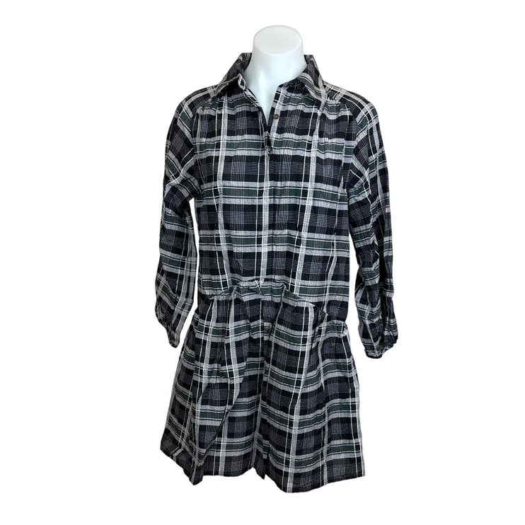 Club Monaco Black Gray Linen Blend Plaid Mini Puff Sleeve Shirt Dress Size XS