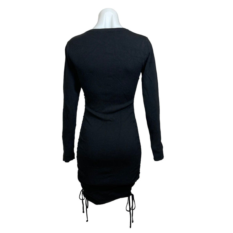 Lioness Black Ruched Side Bodycon Stretch Knit Round Neck Long Sleeve Dress Sz S