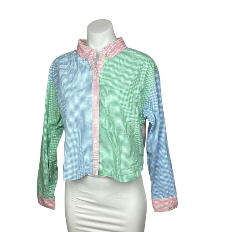 American Eagle Womens Green Blue Pink Gingham Colorblock Button Up Shirt Size M