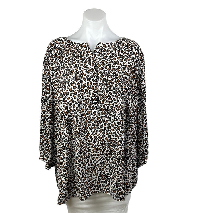 NYDJ Black Brown Leopard Print Henley Pleat Back 3/4 Sleeve Tunic Blouse Size 2X