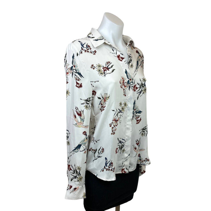 H&M Womens White Floral Birds Button Up Collared Long Sleeve Blouse Top 2