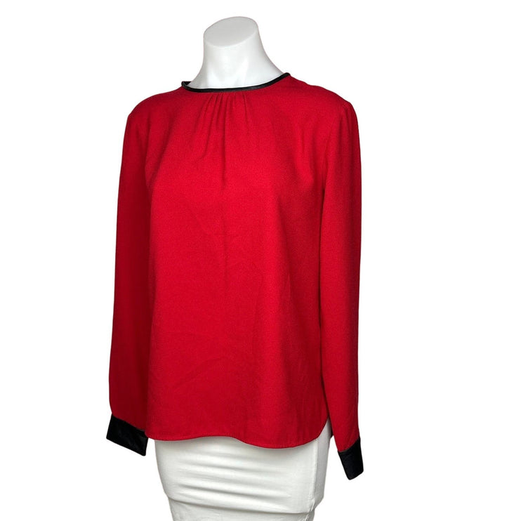 Zara Womens Red Solid Faux Leather Trim Round Neck Long Sleeve Blouse Top Size M