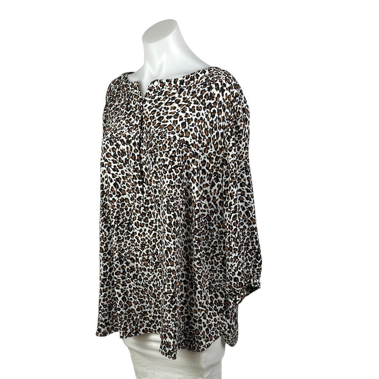 NYDJ Black Brown Leopard Print Henley Pleat Back 3/4 Sleeve Tunic Blouse Size 2X