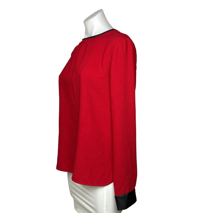 Zara Womens Red Solid Faux Leather Trim Round Neck Long Sleeve Blouse Top Size M