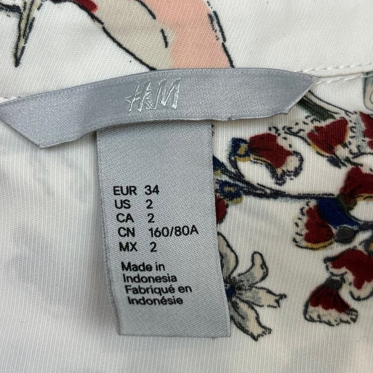 H&M Womens White Floral Birds Button Up Collared Long Sleeve Blouse Top 2