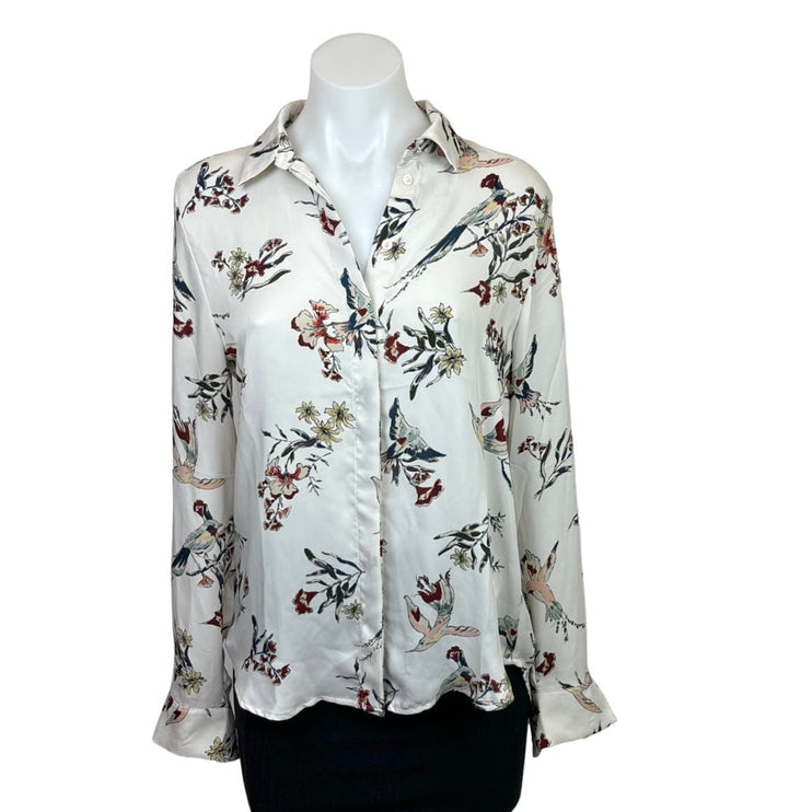 H&M Womens White Floral Birds Button Up Collared Long Sleeve Blouse Top 2