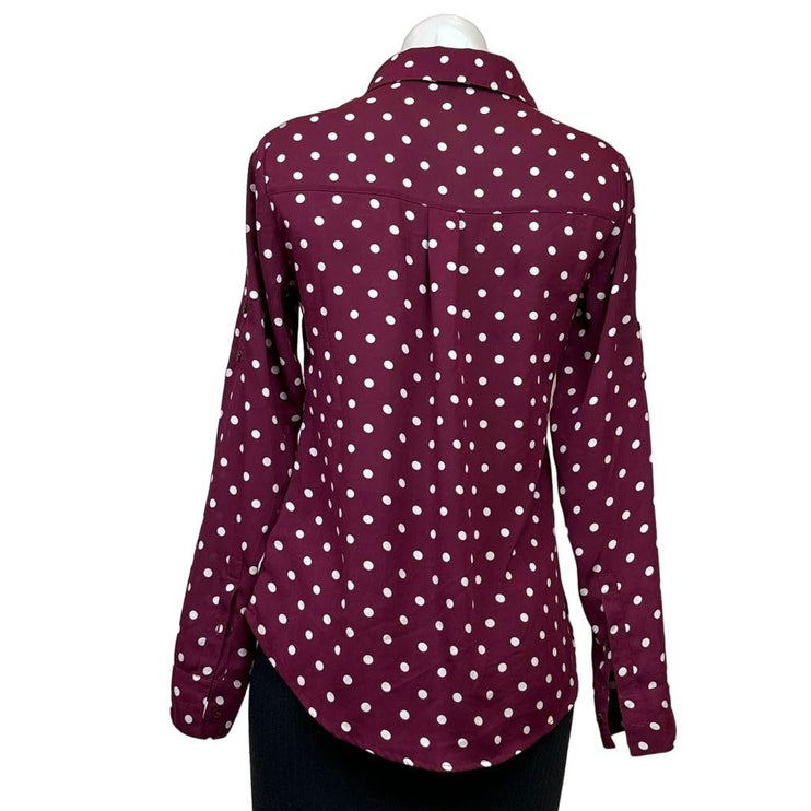 Express Womens Red Polka Dots Slim Fit V Neck Long Sleeve Button Up Shirt XS