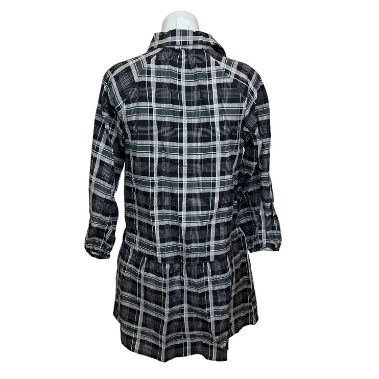 Club Monaco Black Gray Linen Blend Plaid Mini Puff Sleeve Shirt Dress Size XS