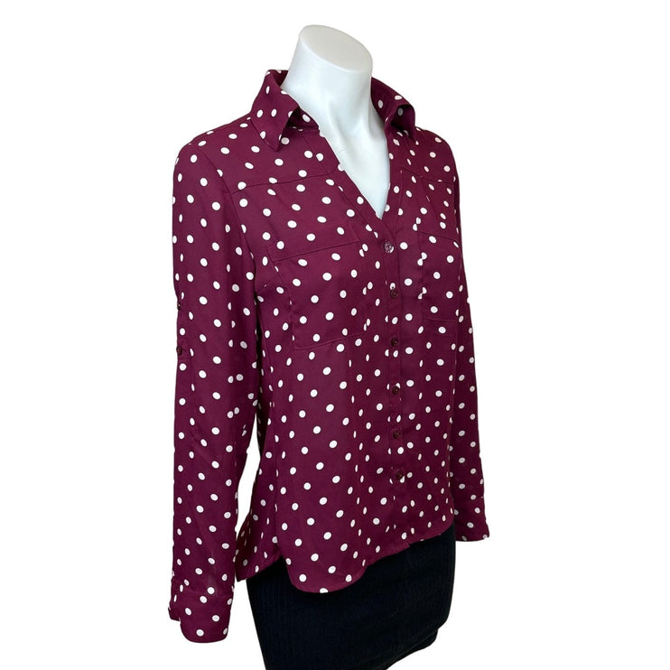 Express Womens Red Polka Dots Slim Fit V Neck Long Sleeve Button Up Shirt XS