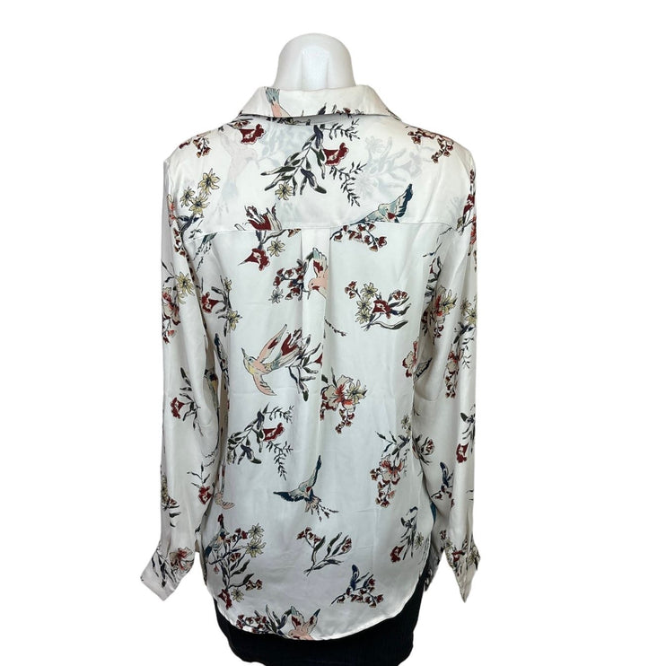 H&M Womens White Floral Birds Button Up Collared Long Sleeve Blouse Top 2